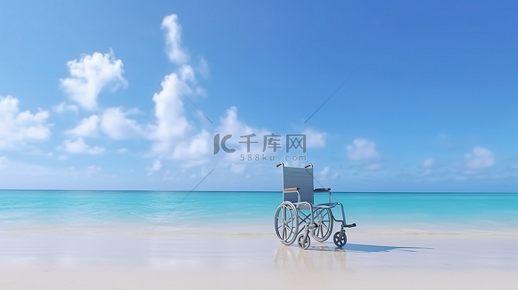 海洋沙滩旁的空轮椅 3d 渲染图像