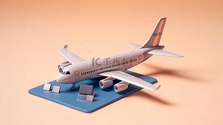 使用 3D 渲染的飞机和信用卡
