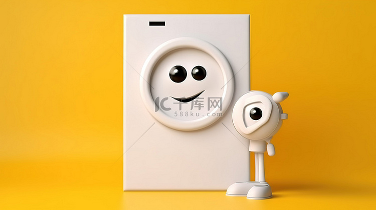 白色洗衣机吉祥物的 3D 渲染