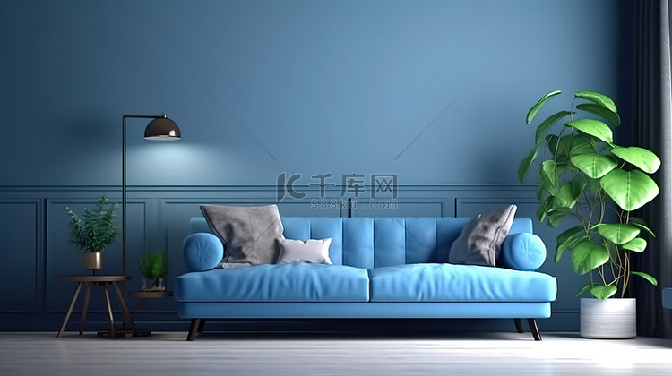 舒缓的蓝色布艺沙发和郁郁葱葱的
