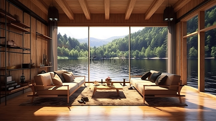 俯瞰河流的当代木屋休息室 3D