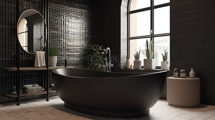 现代浴室内部 3D 渲染和浴缸