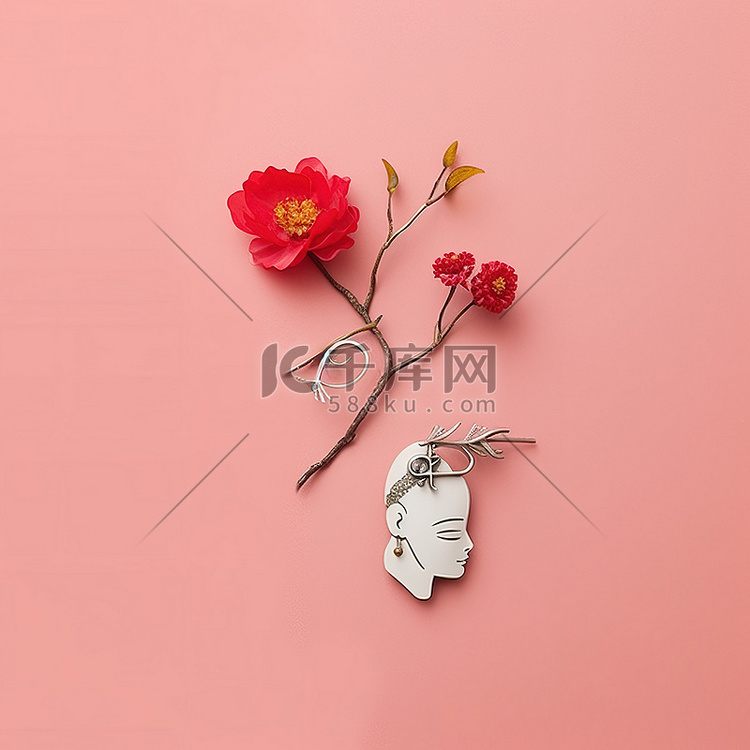 粉红色背景上的中国汉字和红色花