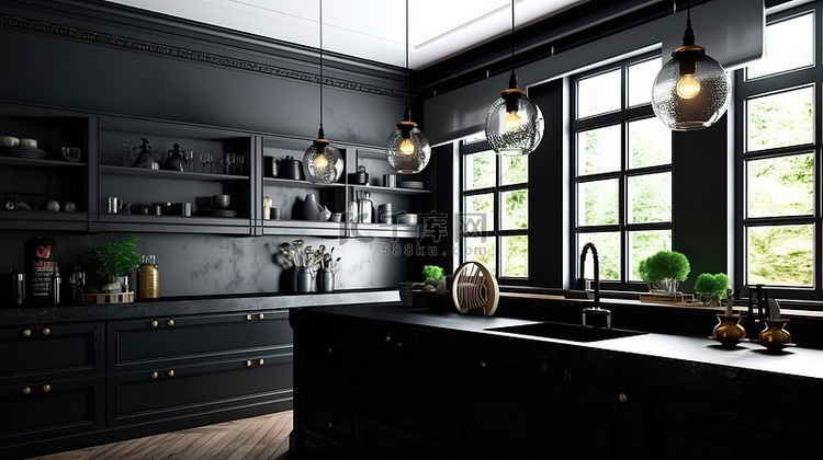 时尚别致的黑色厨房，带有 3D