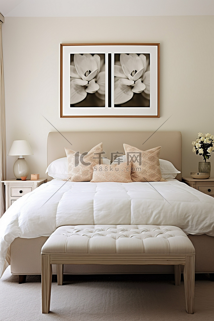 一间配有床和白色装饰的卧室