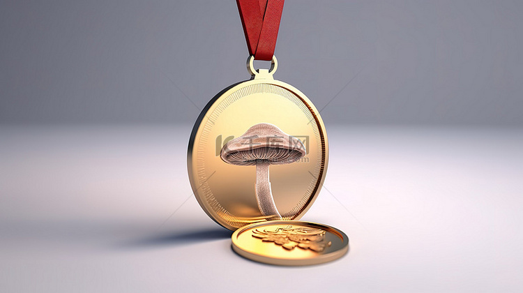 蘑菇图标刻在 3D 奖牌硬币上