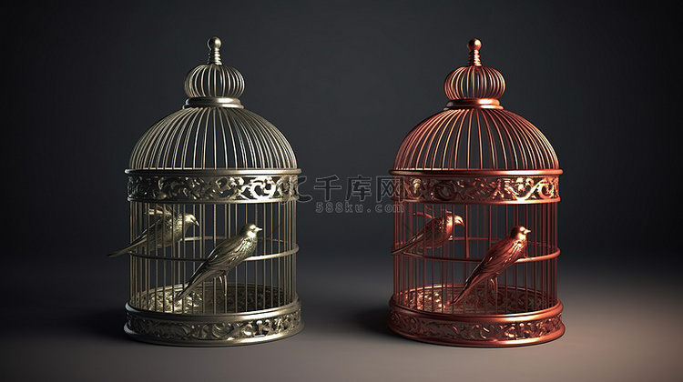 3D 渲染金属鸟笼艺术插图