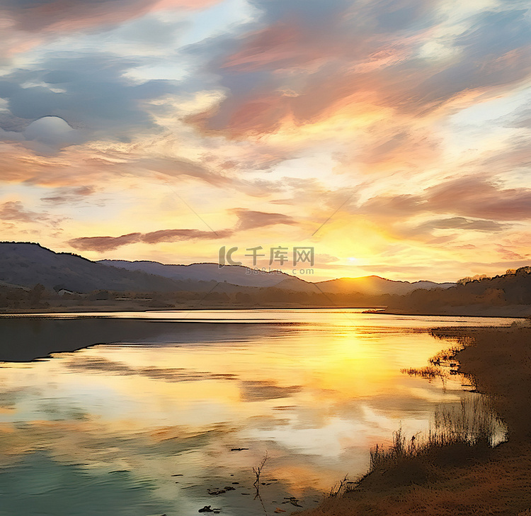湖上日落的图像