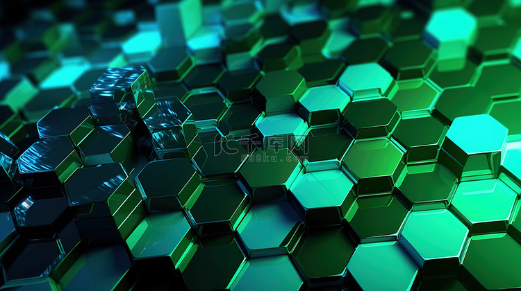 动态绿色六边形波未来 3D 渲