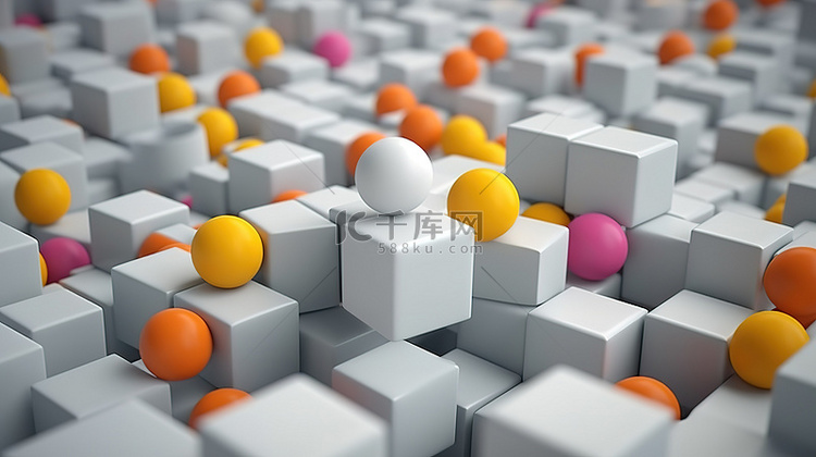 灰色背景上彩色球和白色立方体的
