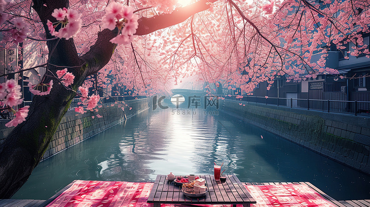 樱花季节河l边野餐图片