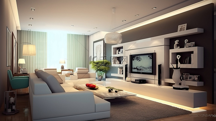 3D 插图现代客厅，以电视为焦点