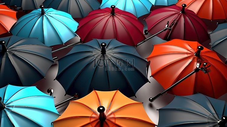 众多黑色雨伞围绕着充满活力的彩