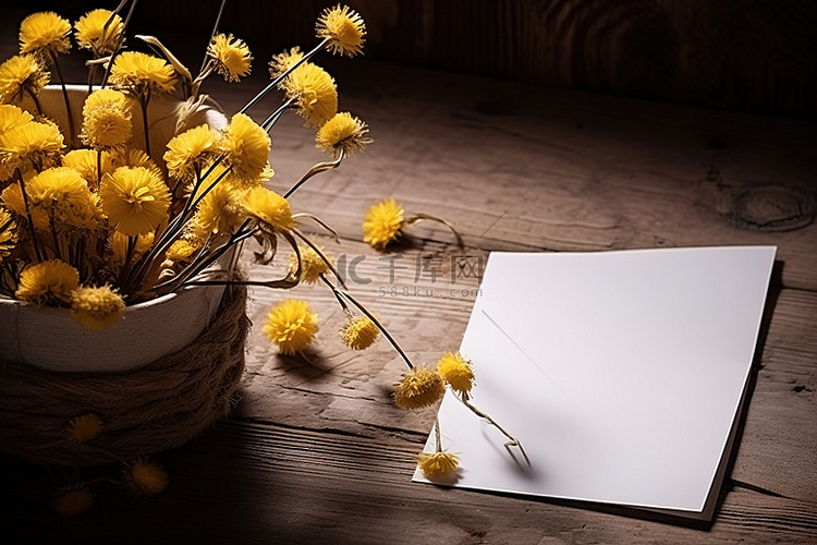 黄花花束和木桌上的字母