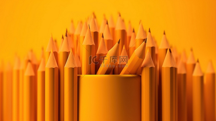 黄色背景下橙色铅笔的生动 3D