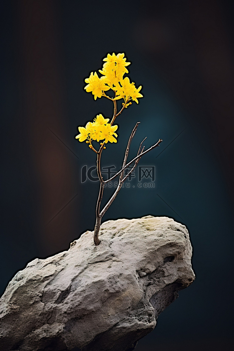 大岩石上的一棵黄色小树