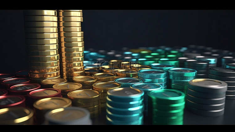商业投资概念将 3D 硬币和钞
