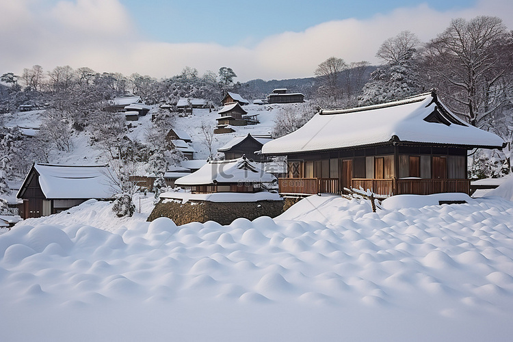 山坡上的三座积雪覆盖的房子