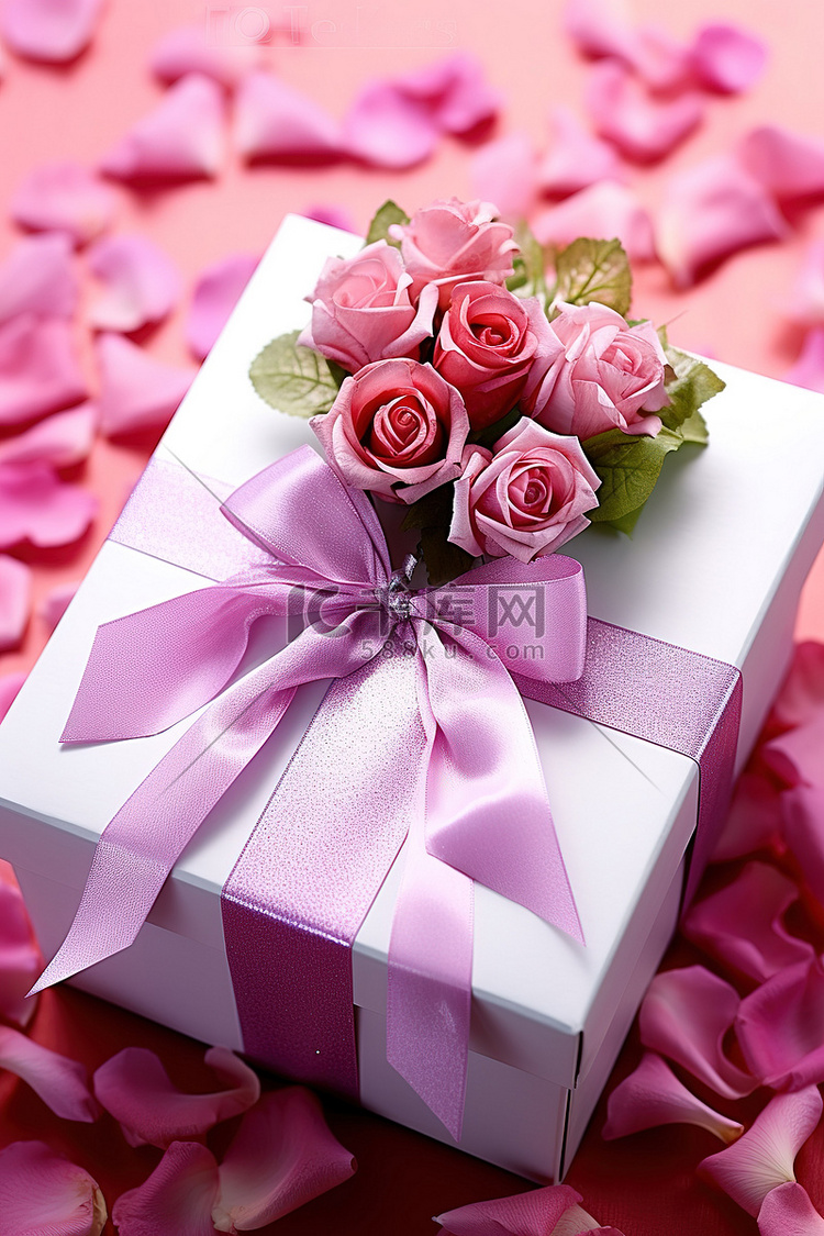 紫色盒子里有粉色蝴蝶结的礼物展