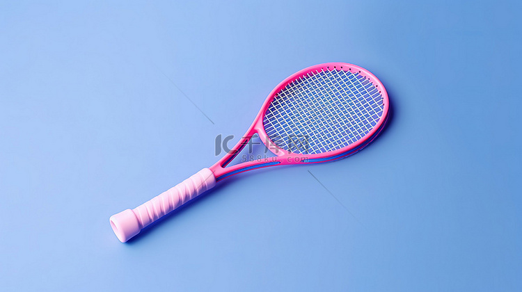 粉红色平坦背景上蓝色网球拍的简