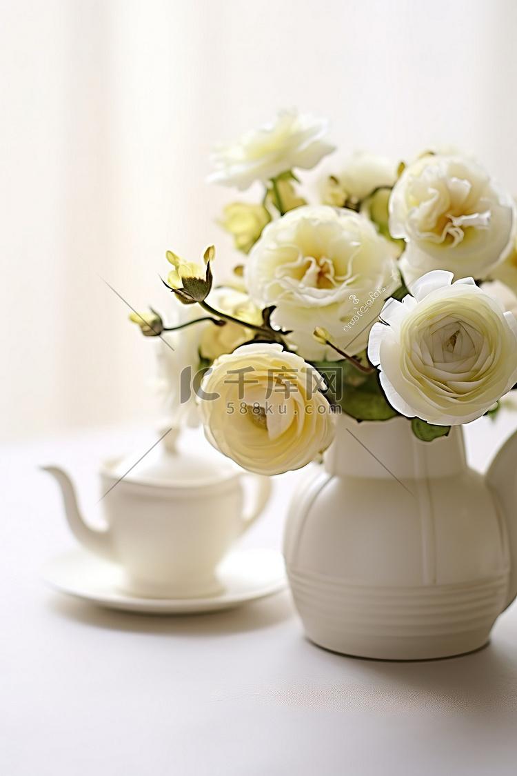 白色茶壶里的花朵