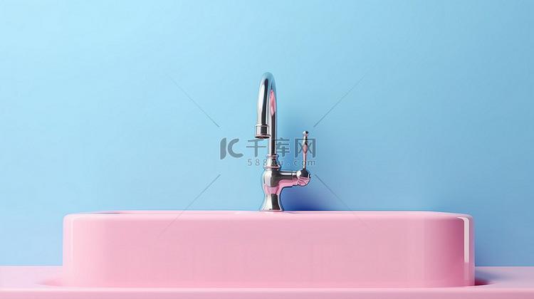 粉红色背景上现代蓝色厨房水槽和