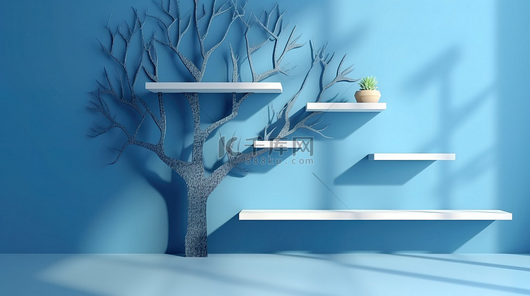 蓝色背景与 3d 墙架树影和产