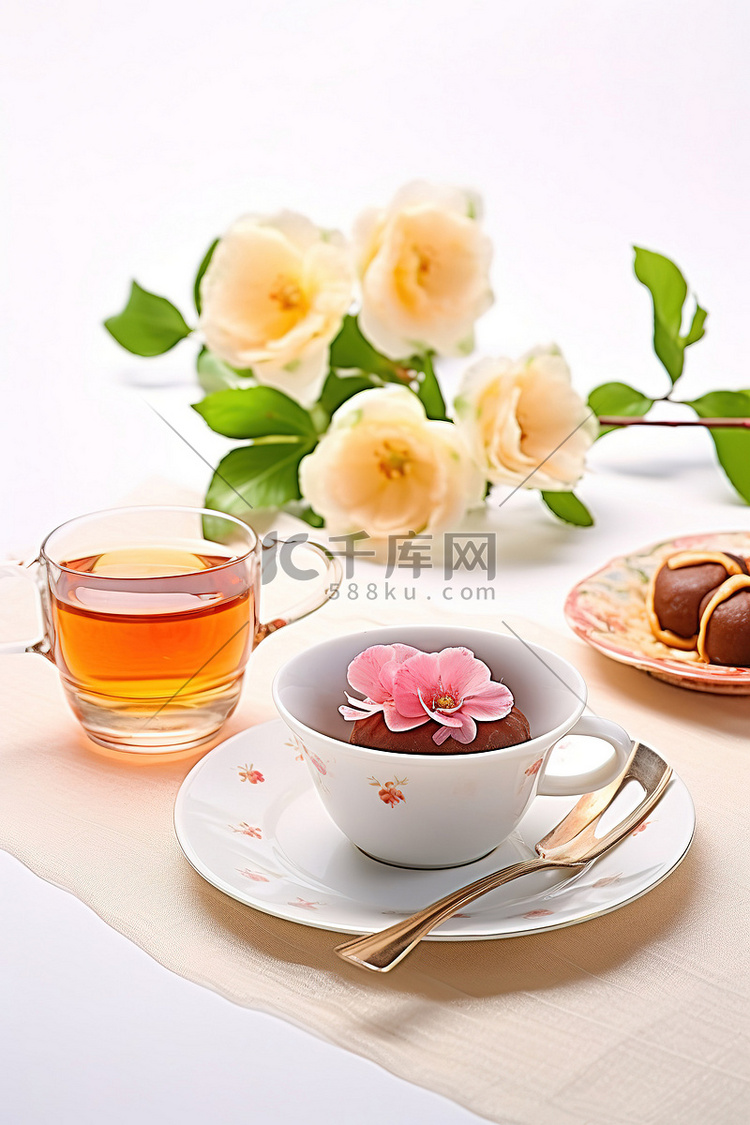 有花卉植物的茶杯和一张有食物的