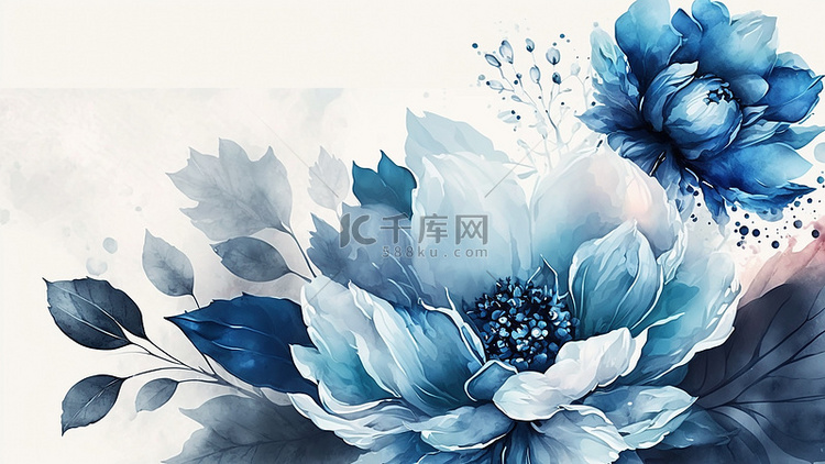 鲜花水彩植物蓝色背景