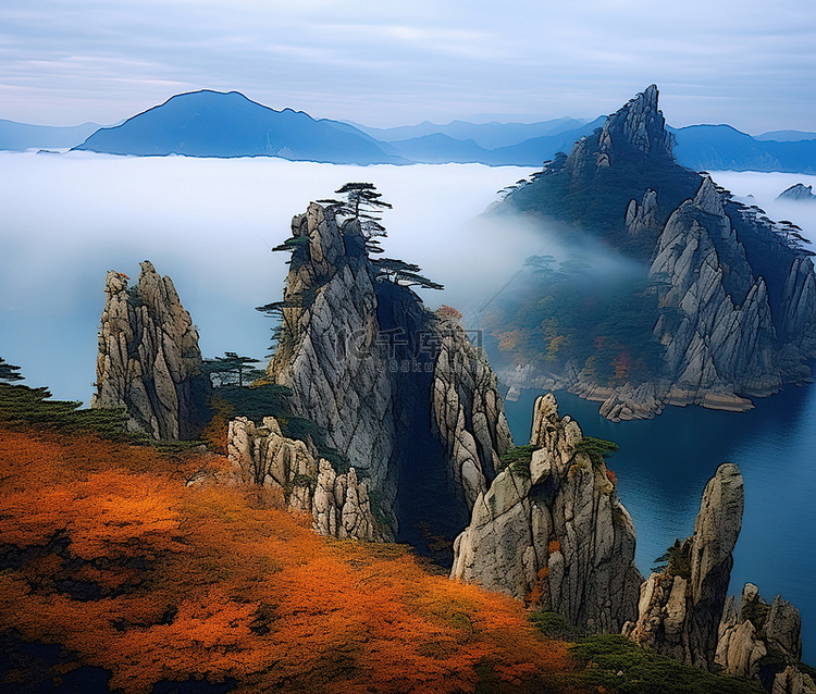 韩国海洋和山脉上空的云状石层