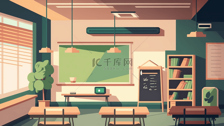 上课教室绿色黑板卡通背景