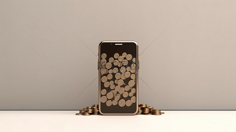 手机的 3D 渲染，硬币在空白