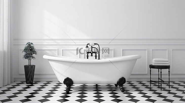 现代浴室的 3D 渲染，配有令