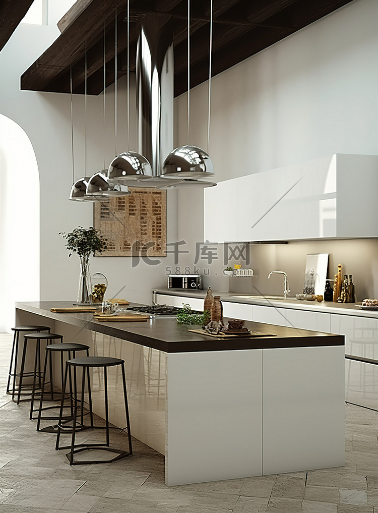 现代厨房岛理念和白色厨房设计风