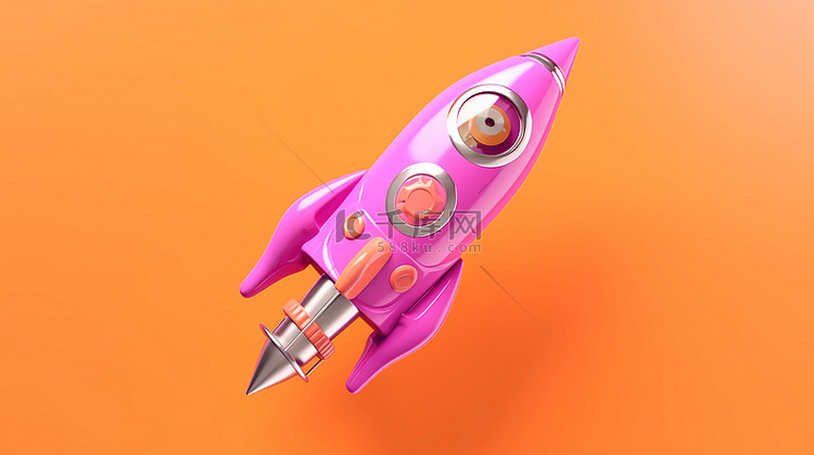 粉色卡通火箭船在橙色背景下飞行