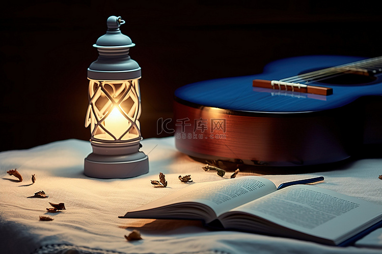 吉他乐谱和桌子上的灯笼