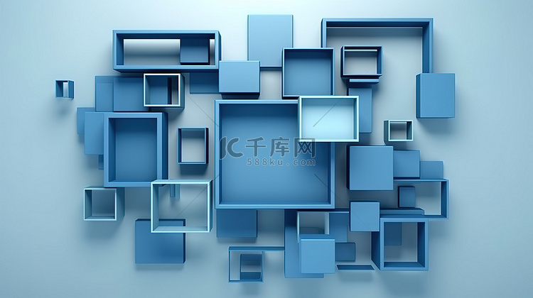 3d 渲染空白框架与几何蓝色形状