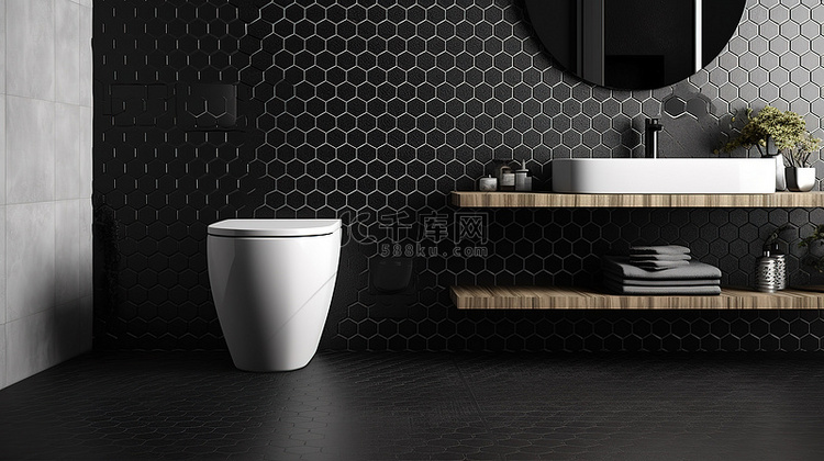 六边形瓷砖地板上带黑砖厕所的阁