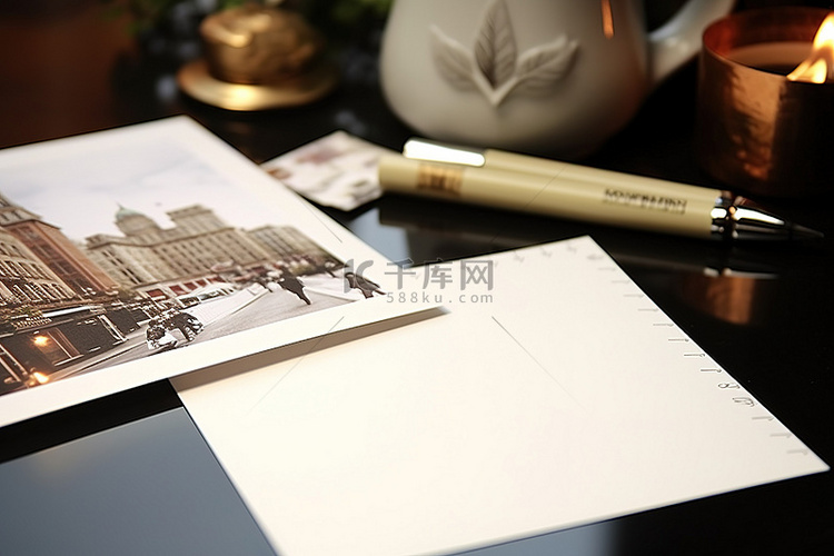 明信片照片和餐桌上的铅笔