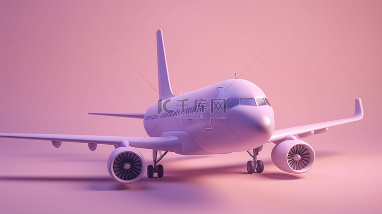 飞机在柔和的紫色背景下的 3D