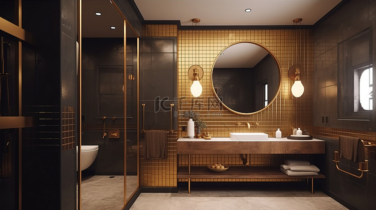 浴室和洗手间采用黄铜和木材 3