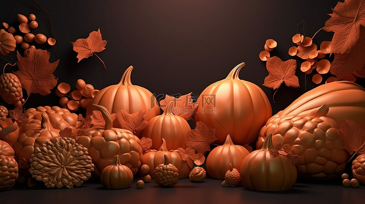 秋季主题 3D 渲染展示南瓜蝙