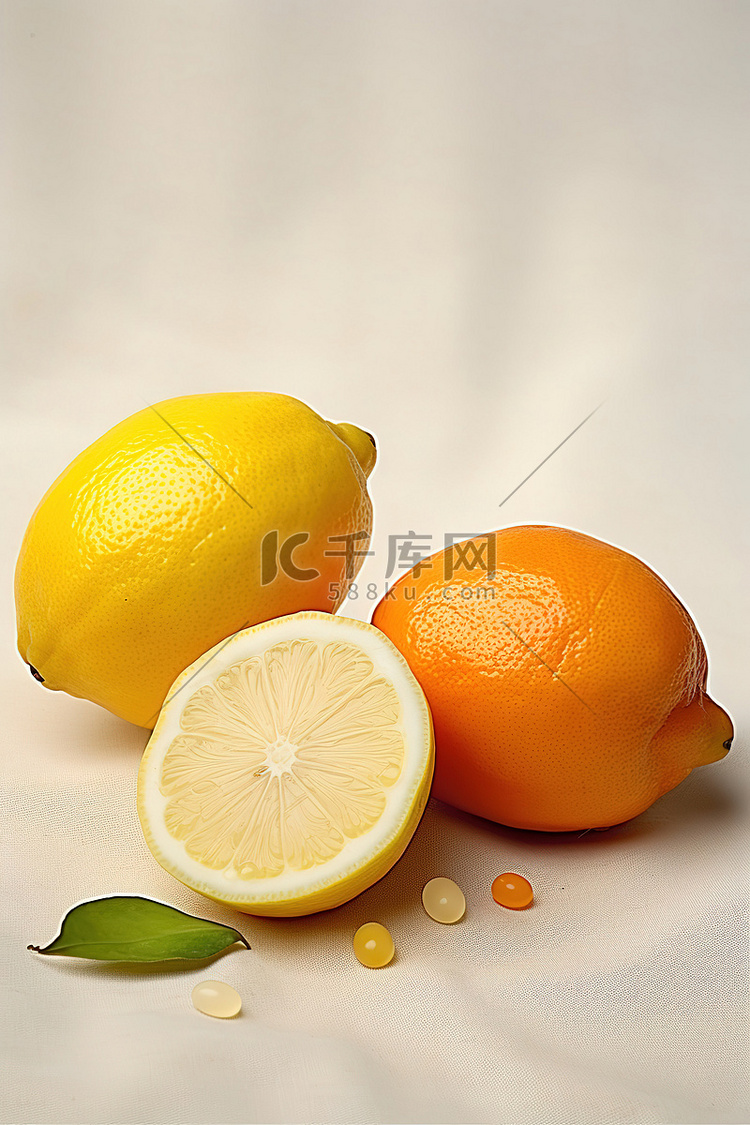 橙子旁边放两个柠檬和一些维他命