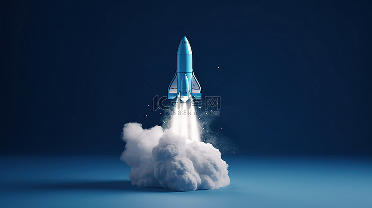 蓝色背景 3d 太空火箭发射烟
