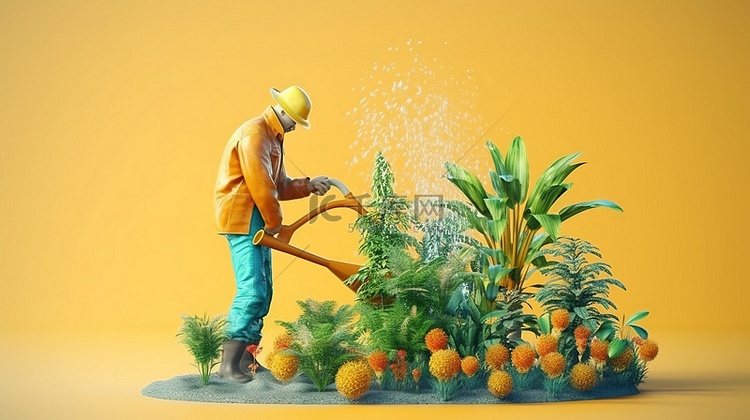 园丁使用软管给植物浇水的 3D