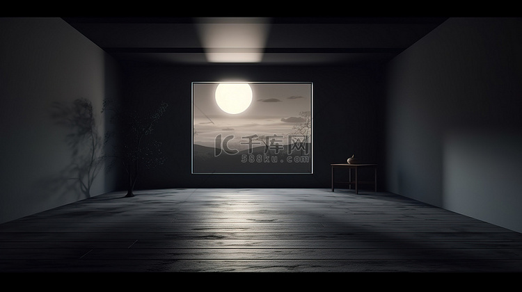 满月在神秘的房间3D渲染中投射
