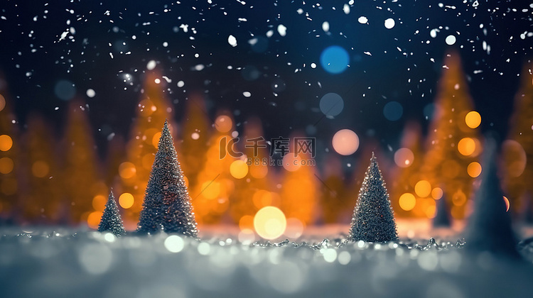 夜间下雪的圣诞树散景抽象模糊的