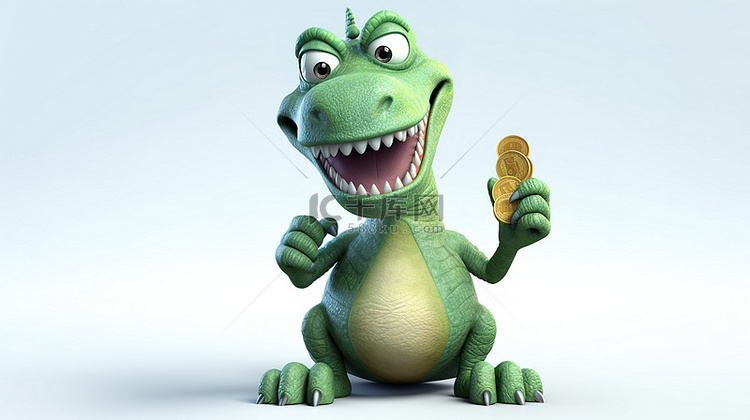 幽默的 3D 恐龙人物抓着美元符号