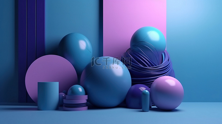 抽象几何 3D 呈现紫色和蓝色