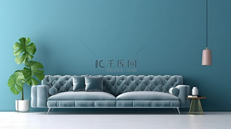 客厅内部灰色沙发和蓝色墙壁的 